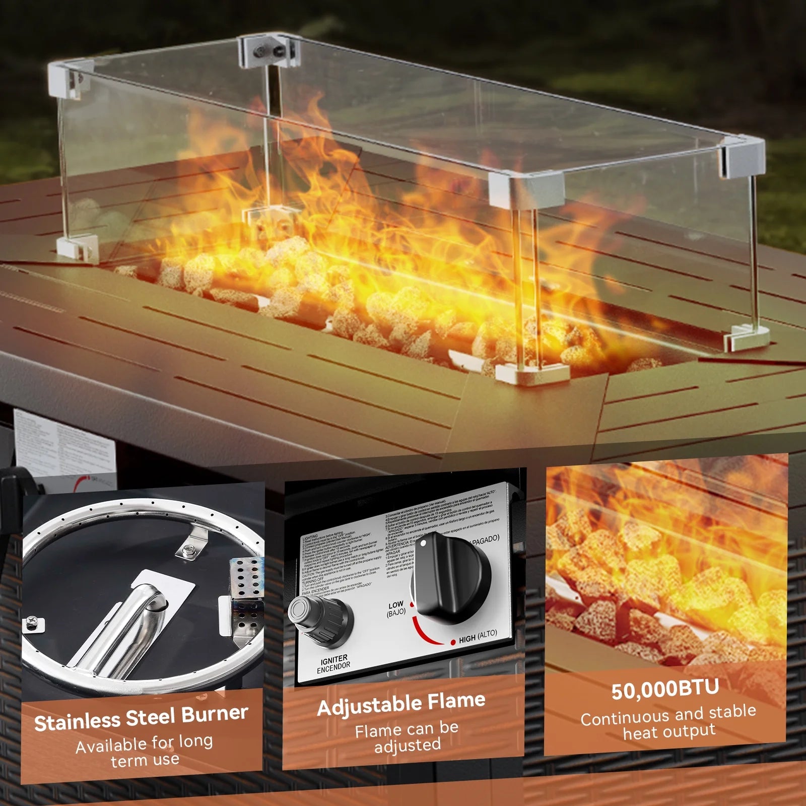 7 Piece Outdoor Patio Furniture Set, Patio Furniture Set with Fire Pit Table Rattan Wicker Patio Furniture Set, Brown Wicker & Beige Cushion