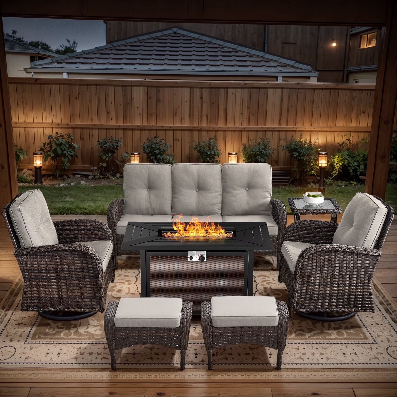 7 Piece Outdoor Patio Furniture Set, Patio Furniture Set with Fire Pit Table Rattan Wicker Patio Furniture Set, Brown Wicker & Beige Cushion