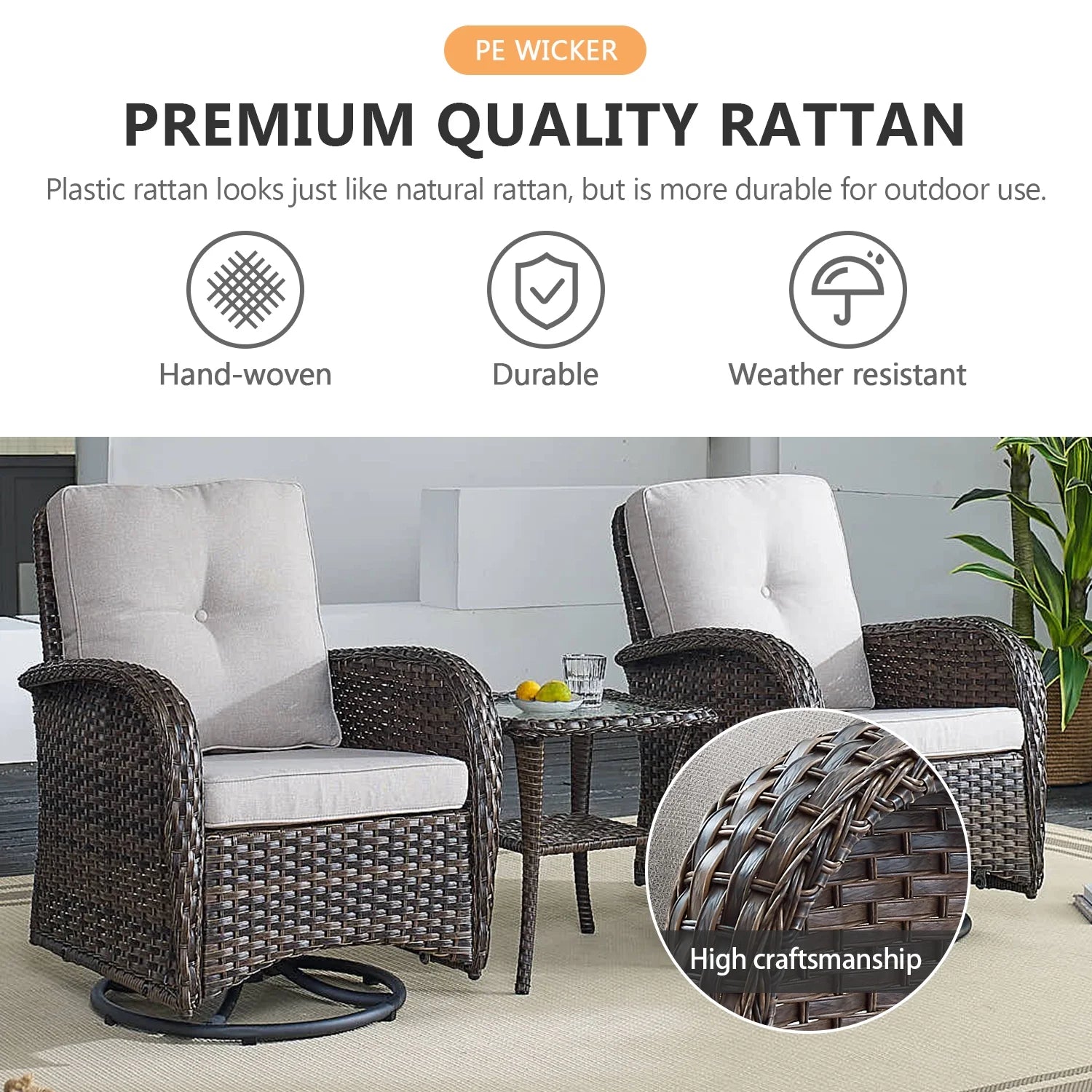 7 Piece Outdoor Patio Furniture Set, Patio Furniture Set with Fire Pit Table Rattan Wicker Patio Furniture Set, Brown Wicker & Beige Cushion
