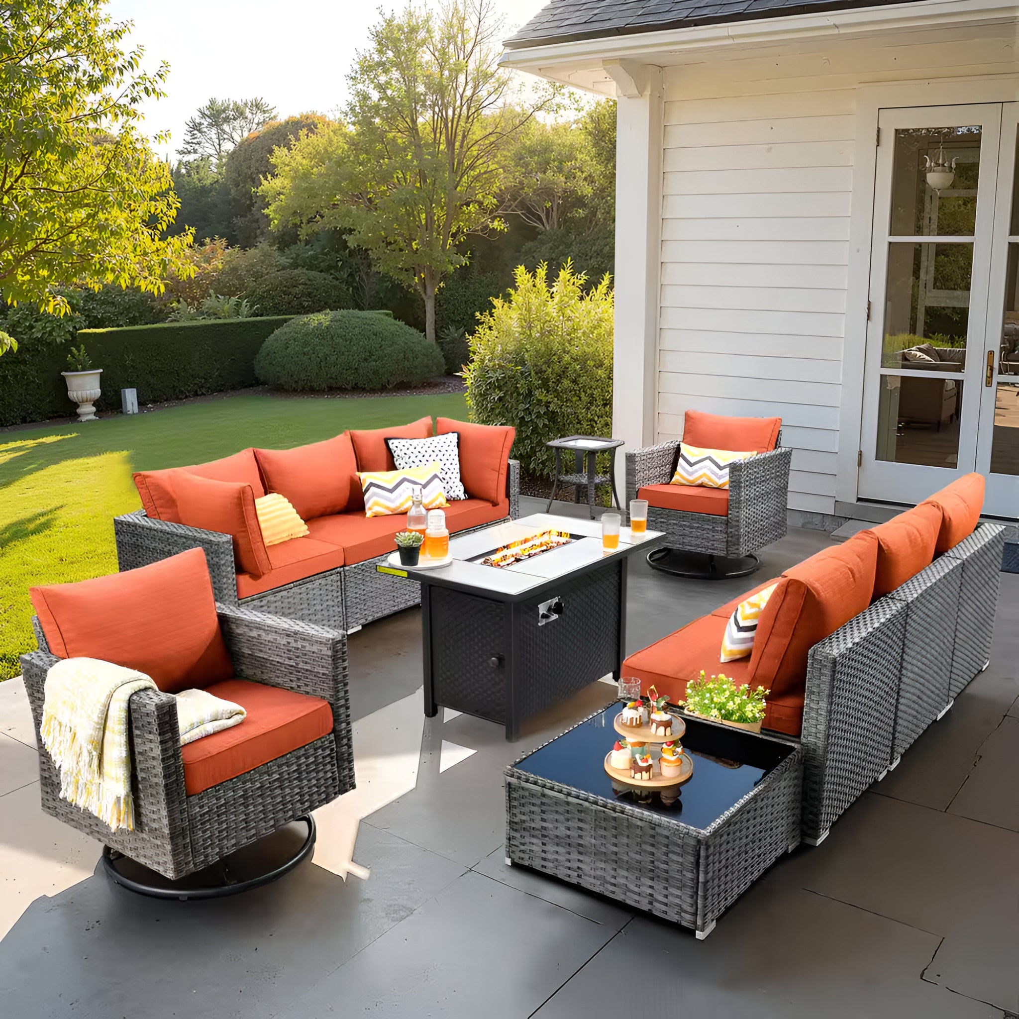 Messi Gray 11-Piece Wicker Outdoor Patio Conversation Sofa Fire Pit Set with Swivel Chairs and Orange Red Cushions