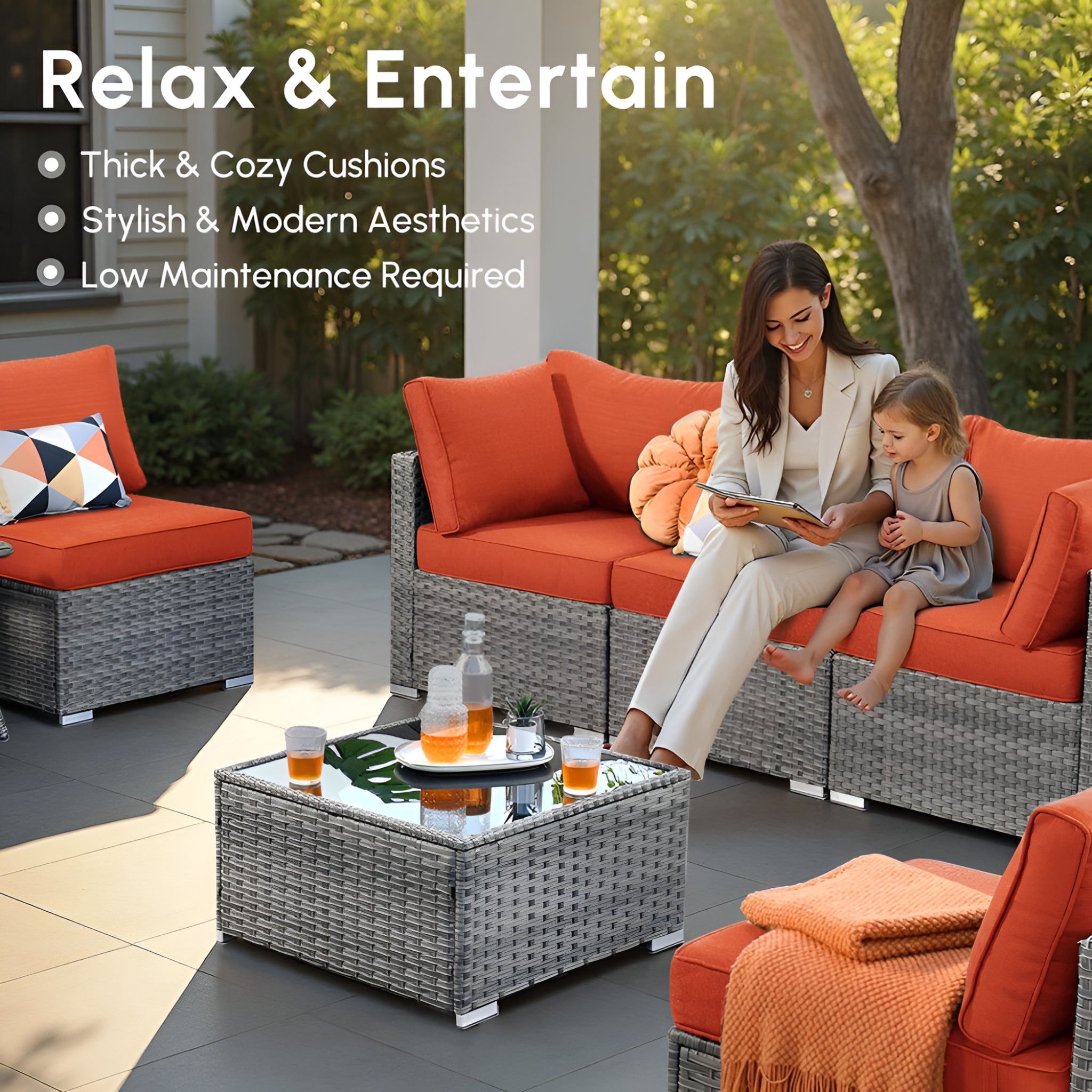 Messi Gray 11-Piece Wicker Outdoor Patio Conversation Sofa Fire Pit Set with Swivel Chairs and Orange Red Cushions