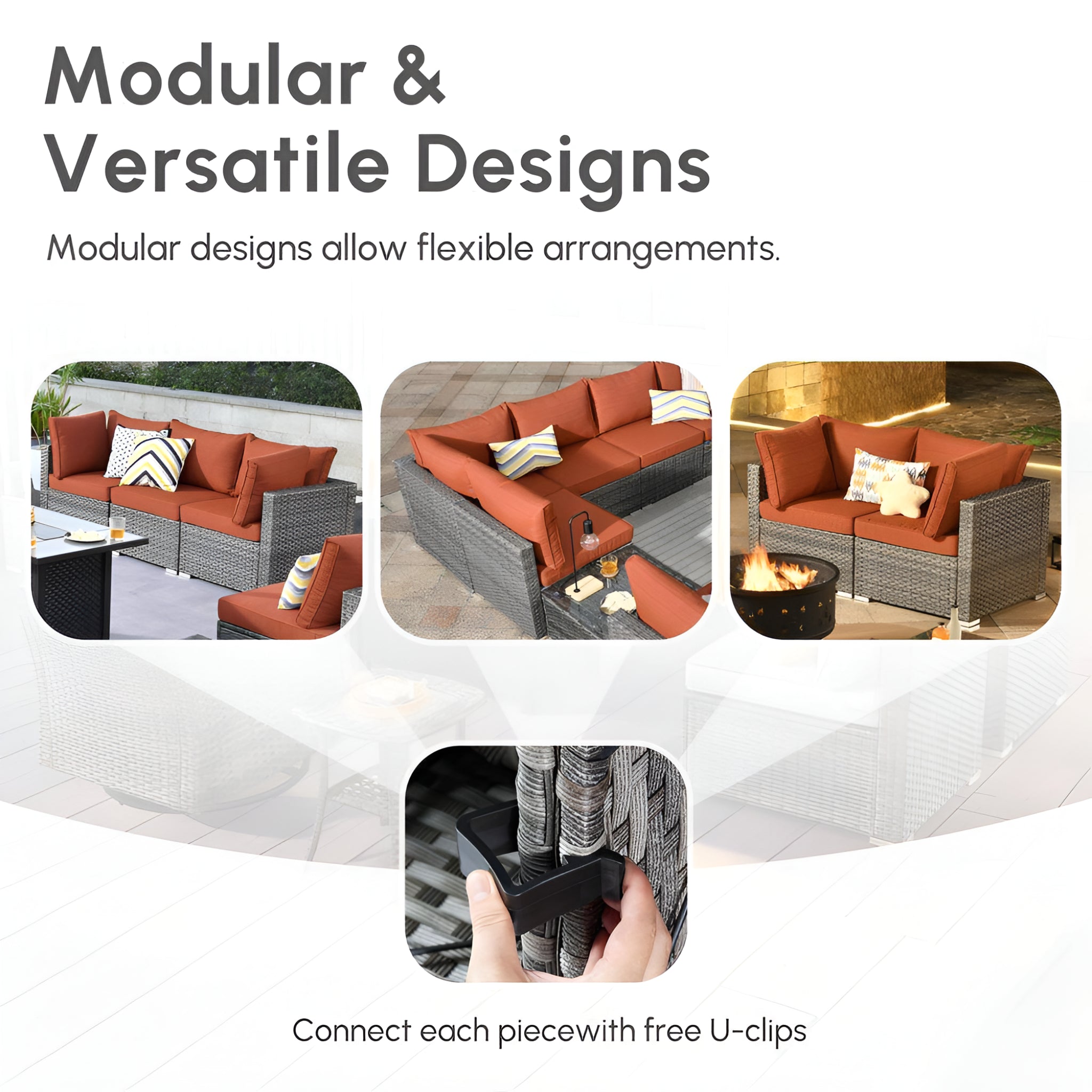 Messi Gray 11-Piece Wicker Outdoor Patio Conversation Sofa Fire Pit Set with Swivel Chairs and Orange Red Cushions