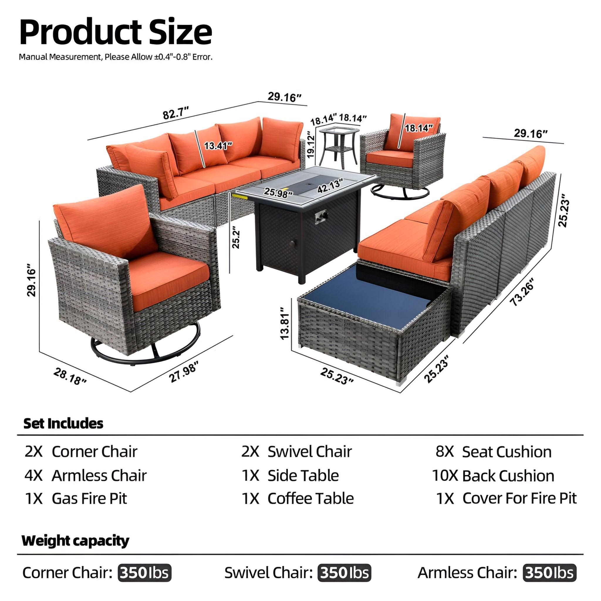 Messi Gray 11-Piece Wicker Outdoor Patio Conversation Sofa Fire Pit Set with Swivel Chairs and Orange Red Cushions
