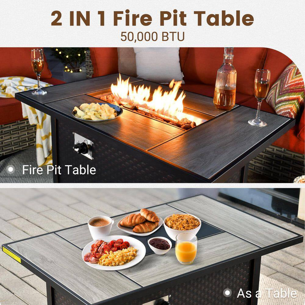 Messi Gray 11-Piece Wicker Outdoor Patio Conversation Sofa Fire Pit Set with Swivel Chairs and Orange Red Cushions
